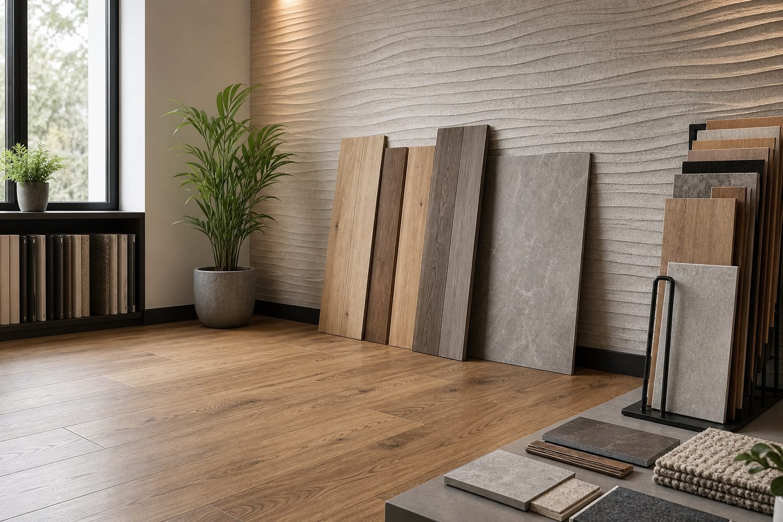 Flooring samples and textured wall covering in an interior studio