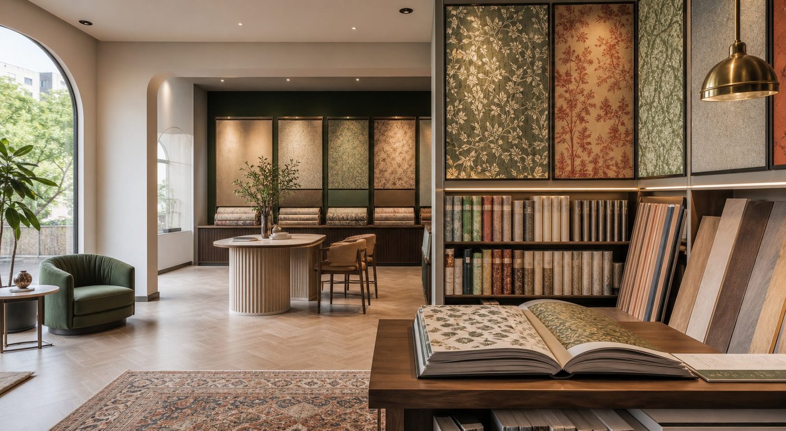 Wallpaper showroom with sample books and premium wall covering displays